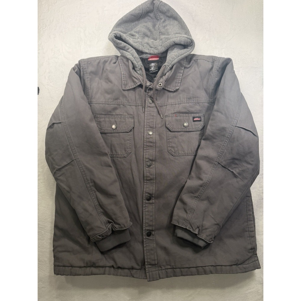 Dickies Men's Gray Lined Full Zip And Button Heavy Work Jacket Size 2XL Hooded